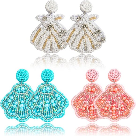 Set of 3 Beaded Seashell Dangle Earrings for Women in Pink, Blue, White - Coasta - Picture 1 of 7